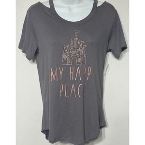 Disney World "MY HAPPY PLACE" Gray Pink Glitter Castle women’s Size XS NEW